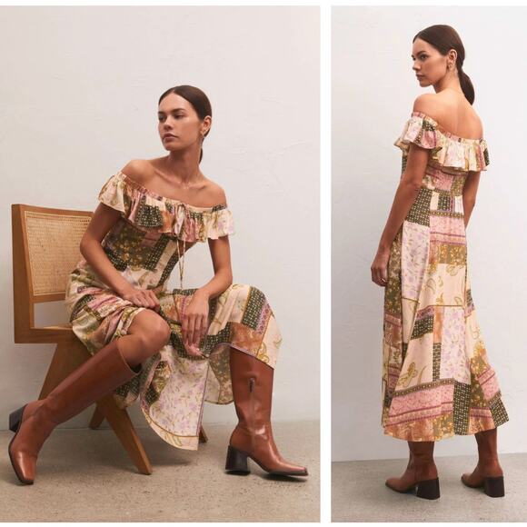 Z SUPPLY Veda Off Shoulder Patchwork Midi Maxi Dress Pink Cream Sz M NWT {3Y16} - Picture 2 of 4